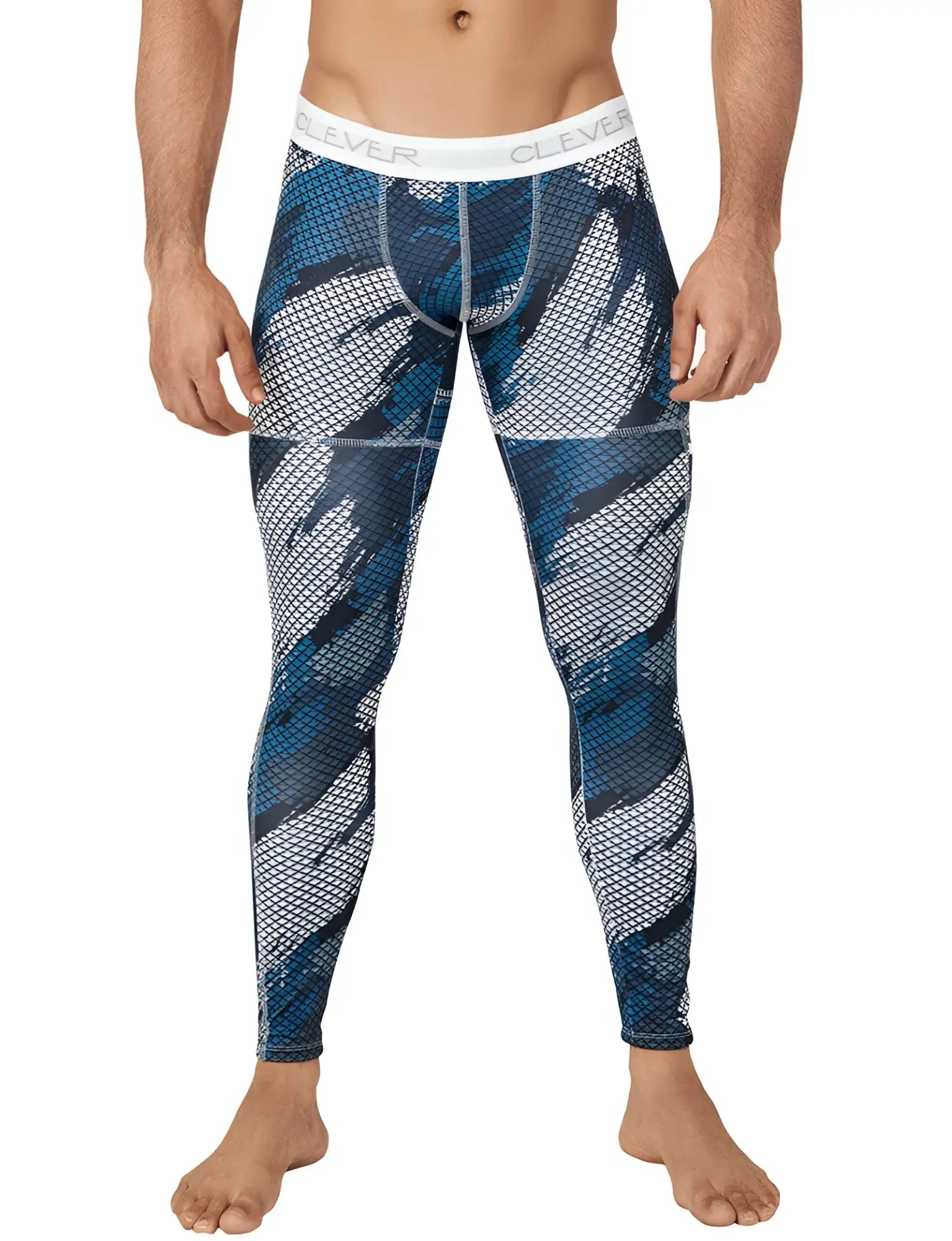 Blue and gray patterned compression leggings with a white waistband featuring the clever brand name size medium