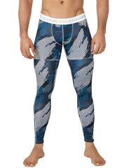 Blue and gray patterned compression leggings with a white waistband featuring the clever brand name size medium