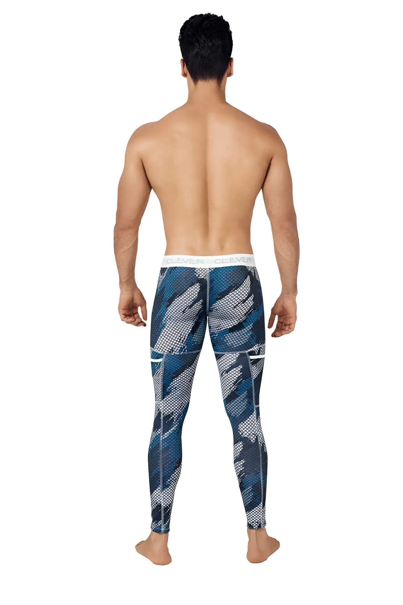 Blue and gray patterned clever enigmatic camo leggings with white waistband athletic tights size m