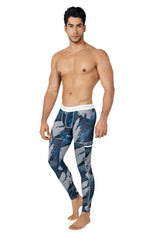 Blue and gray patterned athletic leggings with white cleves waistband in size m for activewear use