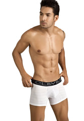 White clever victoria checker textured boxer brief underwear with black elastic waistband size S front view