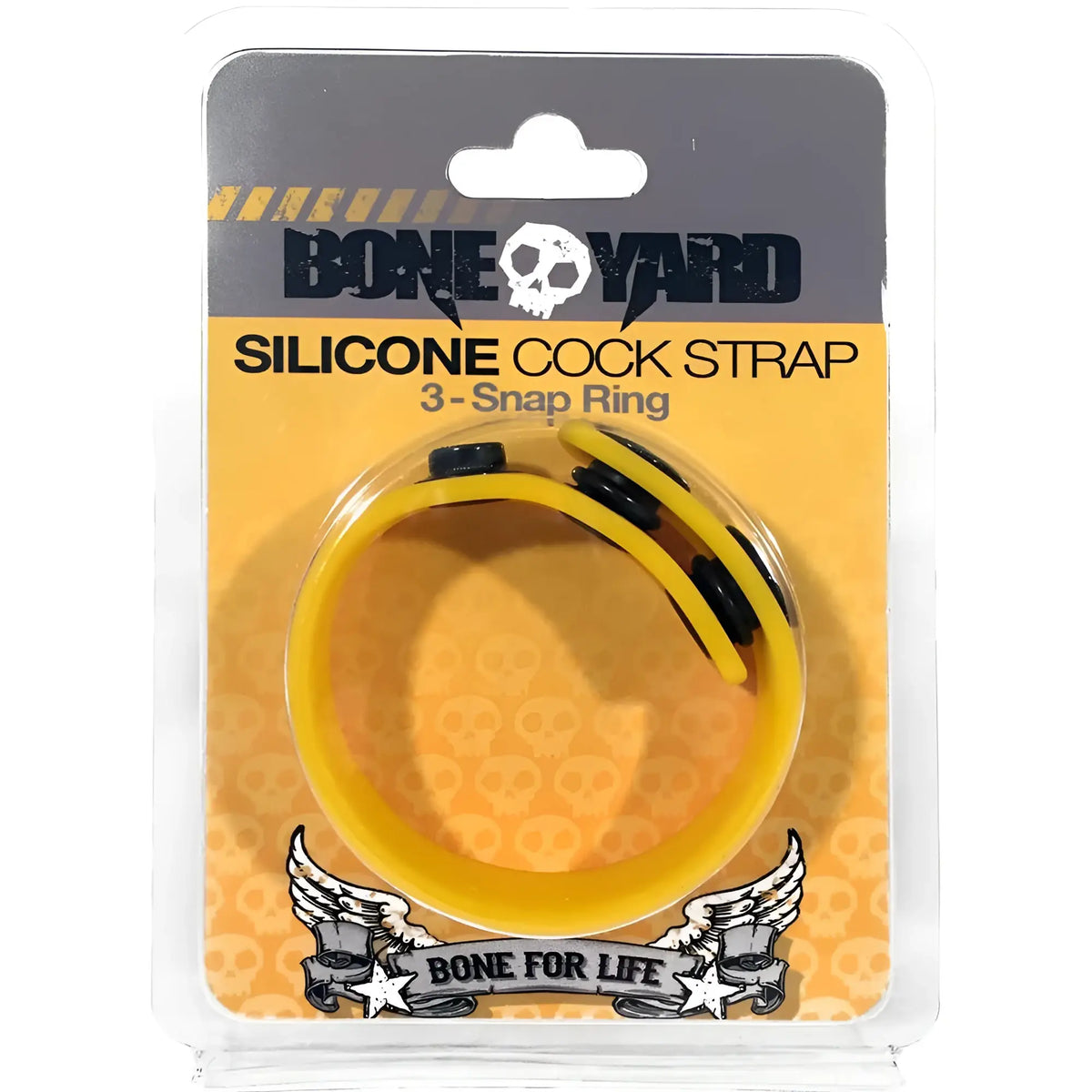 Yellow silicone cock strap with black snap rings from bone yard for secure and adjustable fit