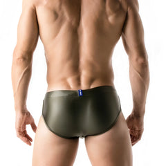 Olive green satin metallic bikini briefs with blue brand tag on waistband in size medium khaki code 22 swimwear