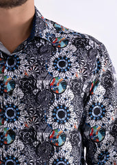 A men’s long sleeve button-up shirt with black and white floral pattern and colorful blue, green, orange, and red accents