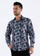 A men’s long-sleeved button-up shirt with a bold geometric floral pattern in navy blue teal black white and pink
