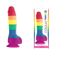 Rainbow-striped silicone dildo in branded COLOURS Pride Edition package showing vibrant colors and smooth texture