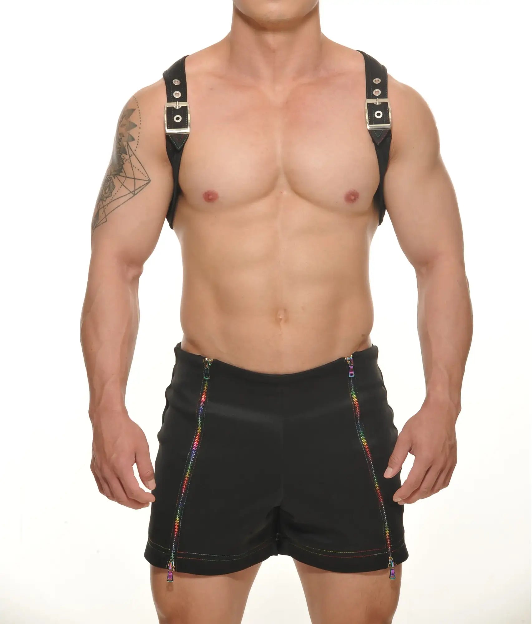 Black neoprene colt vest harness with rainbow zipper shorts and matching suspenders with silver buckles