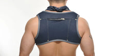 Dark blue denim colt vest harness with gray trim and front zipper pocket for rugged style and functionality