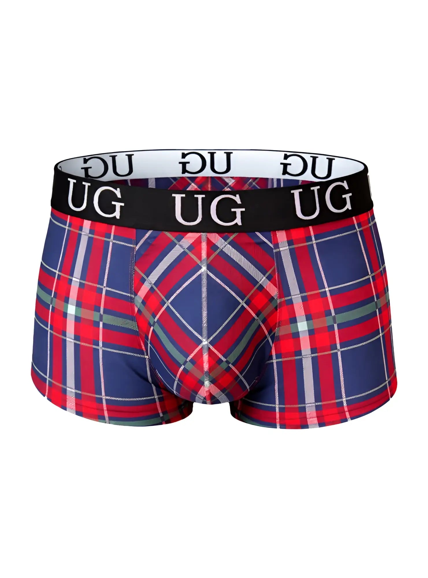 Comfort trunk blue red and gray plaid boxer briefs with black waistband featuring ug logo in white for everyday comfort