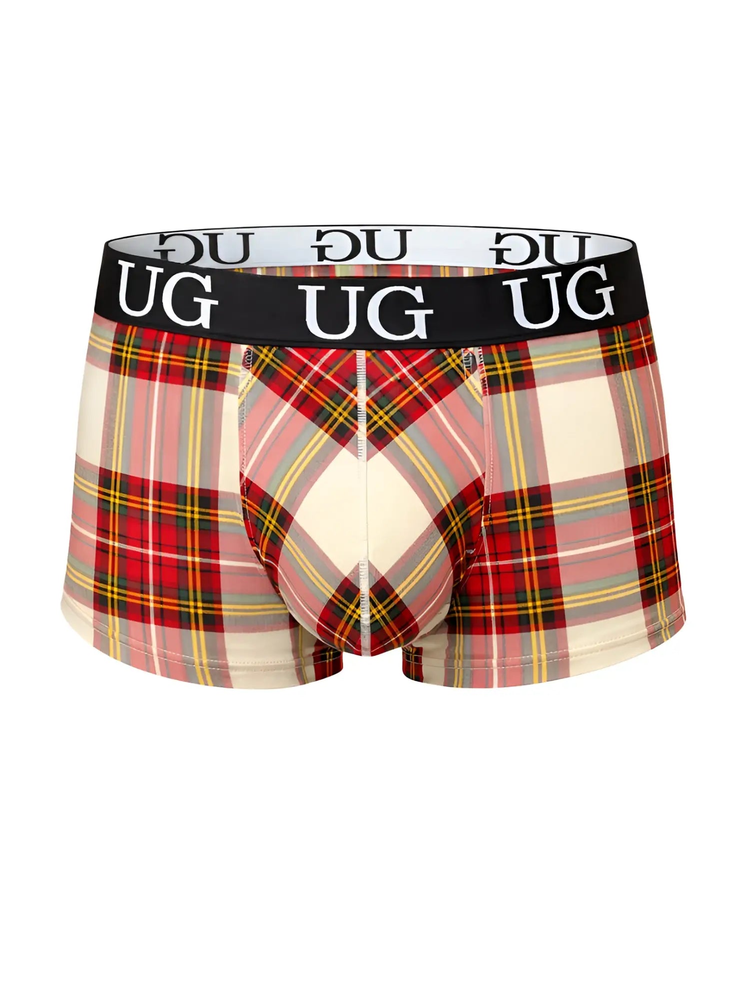 Comfort trunk plaid patterned red pink and cream ug underwear with black waistband and white ug branding