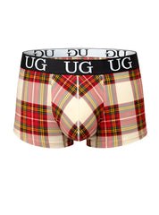 Comfort trunk plaid patterned red pink and cream ug underwear with black waistband and white ug branding