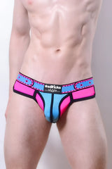Comicaze brief bright pink and light blue mesh briefs with black trim and sssticks logo on the waistband