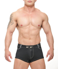 Black denim conner denim shorts with silver stitching and buttoned waistband for casual summer wear