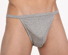 Gray heathered cotton contour cutaway men’s bikini briefs with narrow waistband and central seam front view