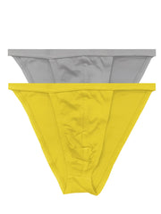 A pair of bright yellow and gray contour cutaway men’s bikini briefs made from smooth stretchy fabric