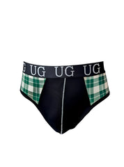 Contrast jock with snug pouch in black briefs featuring green and white plaid side panels and a navy waistband with ug logo