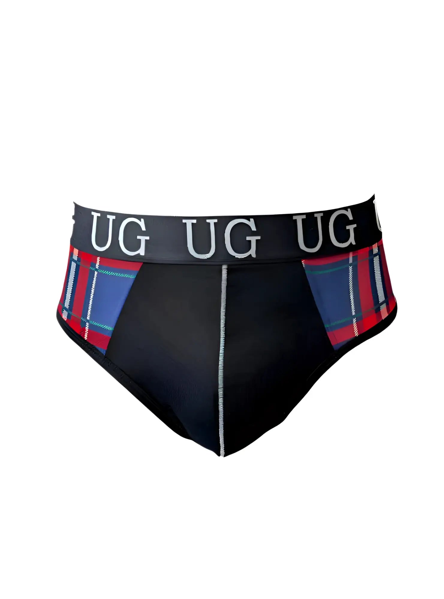 Black briefs with red and blue plaid side panels and a black waistband embroidered with ug in white snug pouch