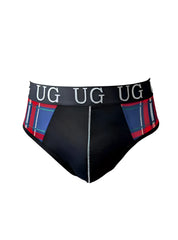Black briefs with red and blue plaid side panels and a black waistband embroidered with ug in white snug pouch