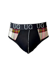 Black contrast jock briefs with snug pouch plaid side panels and ug branded waistband for comfortable support