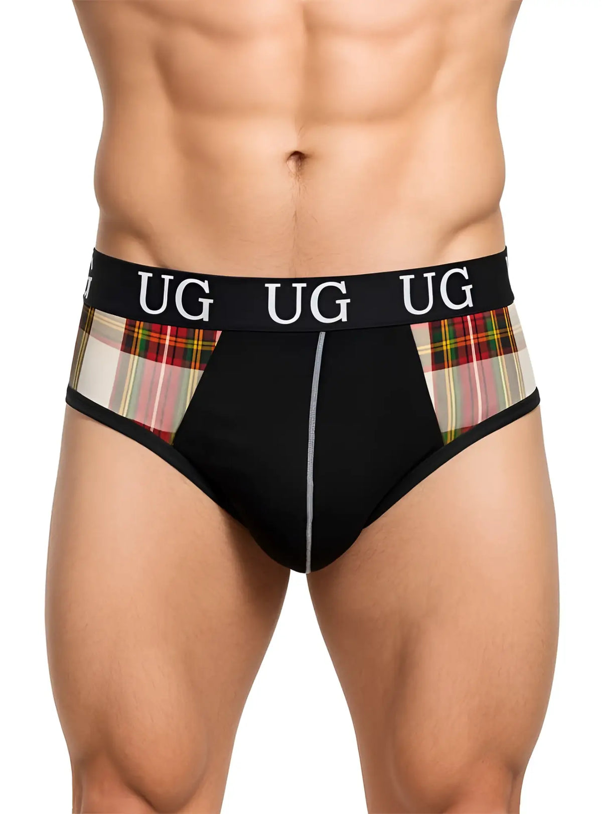 Black briefs with plaid side panels and a black waistband featuring ug branding part of the contrast jock with snug pouch collection