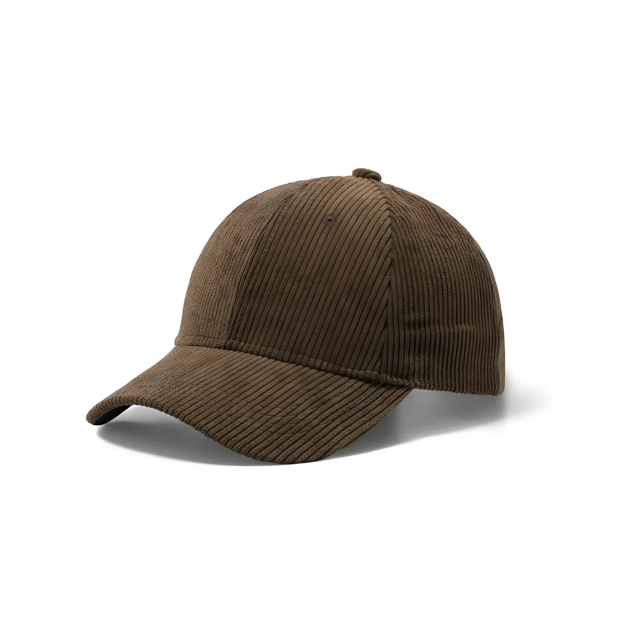 Brown corduroy baseball cap with a classic six-panel design and stitched brim for casual wear