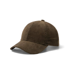 Brown corduroy baseball cap with a classic six-panel design and stitched brim for casual wear