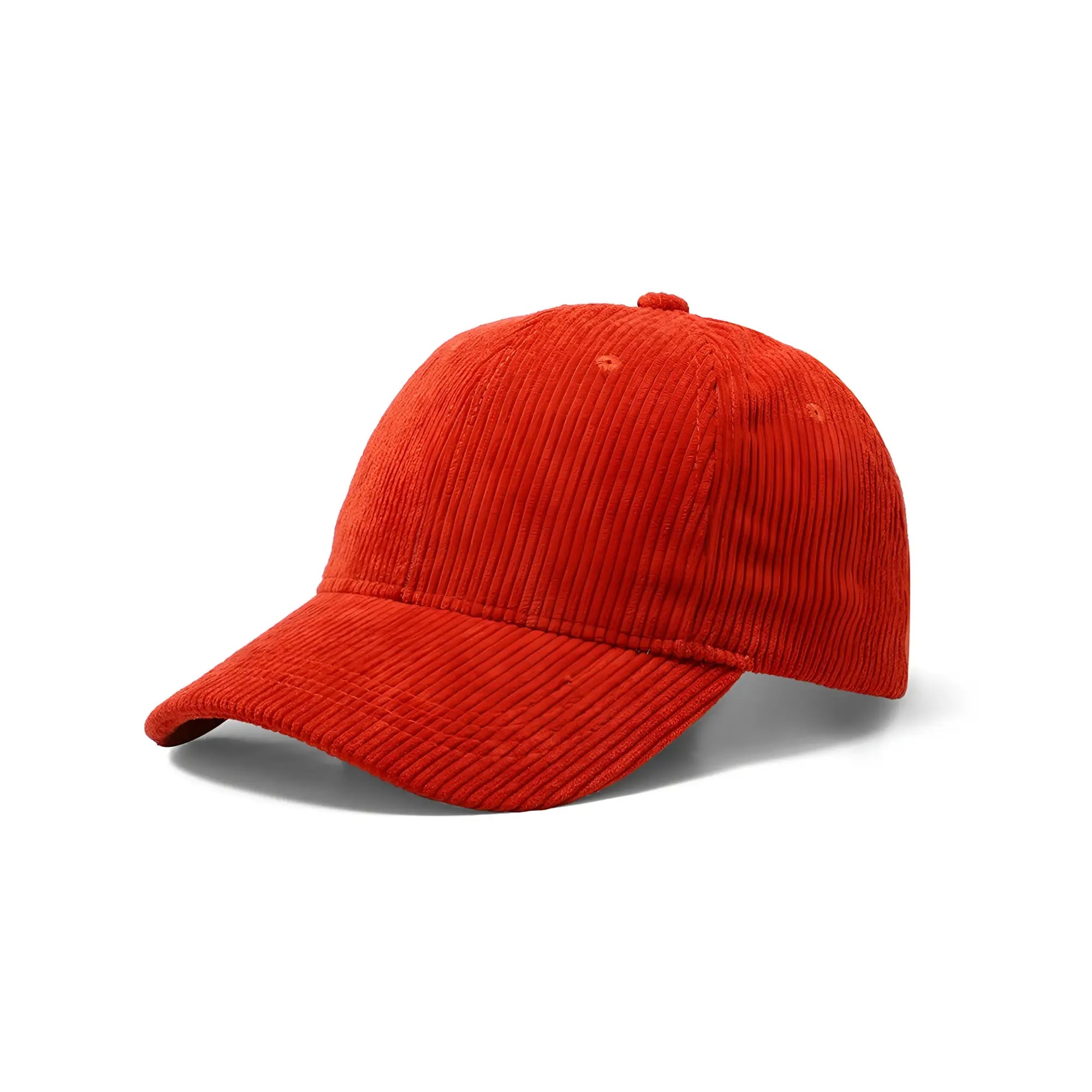 A vibrant red corduroy baseball cap with a classic six-panel design and curved brim for casual wear