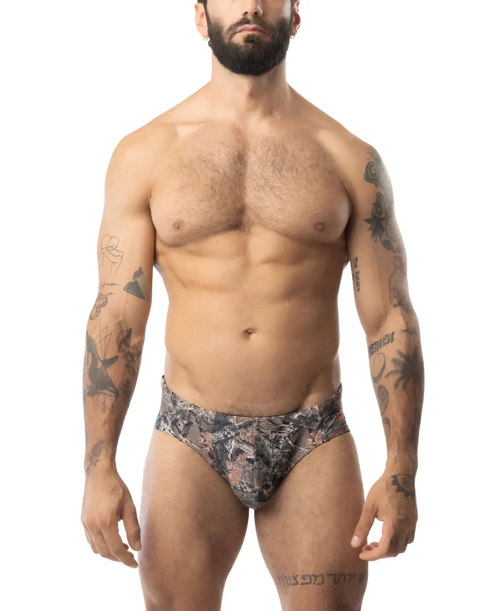 Core bikini timber black and gray camouflage briefs with a snug athletic fit for active wear