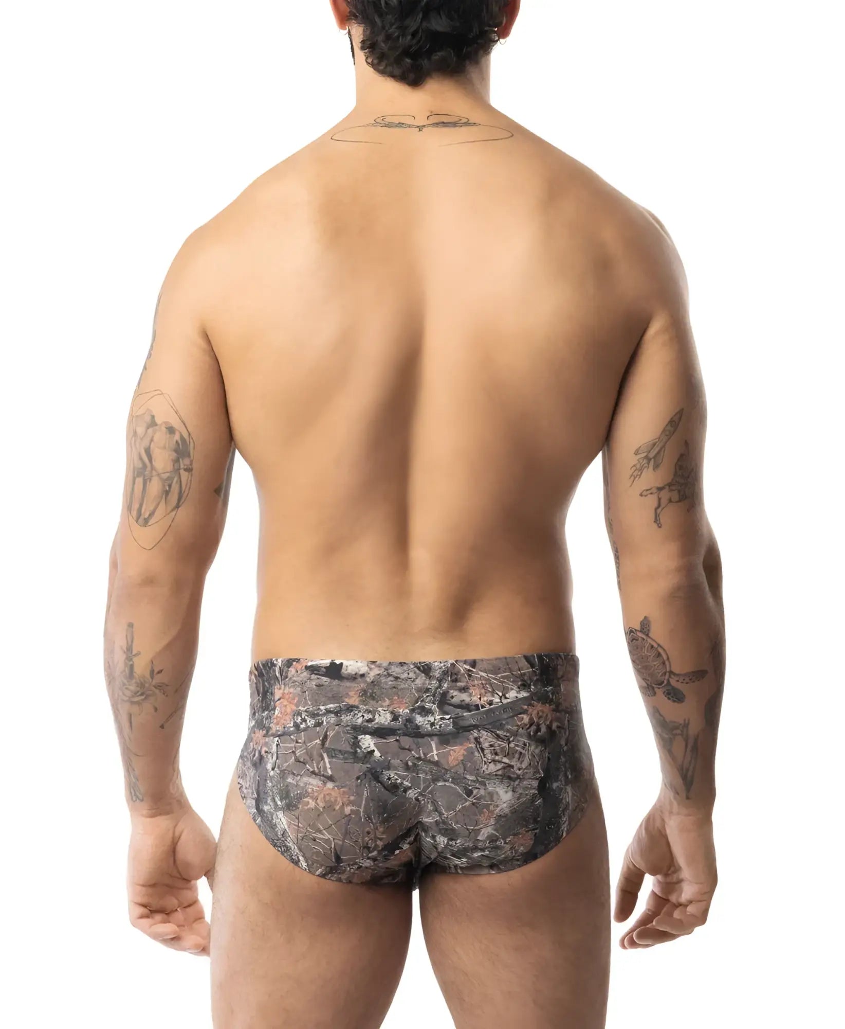 Core bikini timber camouflage briefs with earthy tones and detailed foliage design in soft breathable fabric