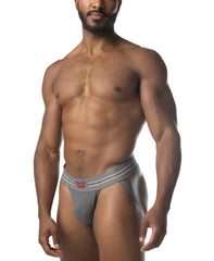 Gray core jockstrap 3.0 athletic briefs with white waistband trim and red logo for active support
