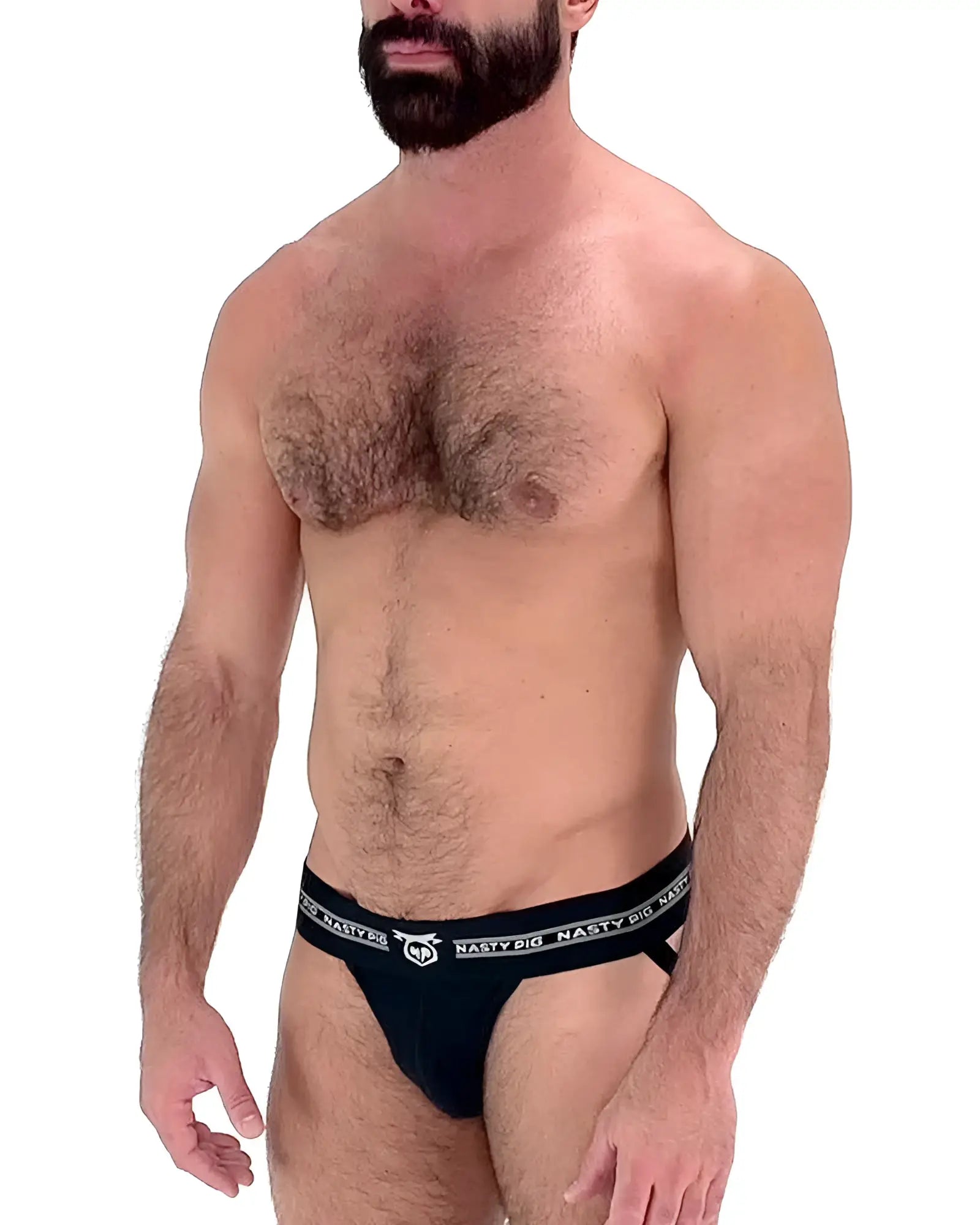 Black nasty pig brand briefs core jockstrap with white logo and text on waistband designed for support and comfort
