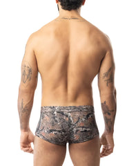 Core square cut timber camouflage men’s briefs with earthy tones and subtle mesh texture for comfort and style