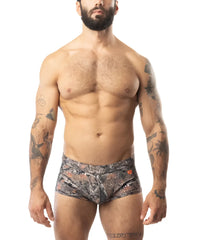 Camouflage patterned men’s briefs core square cut timber with subtle orange logo on the side