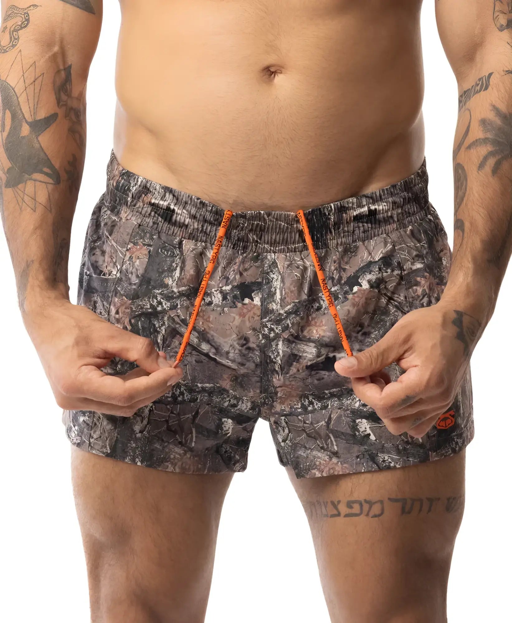 Core swim trunk timber camouflage patterned swim trunks with bright orange drawstrings for casual beachwear