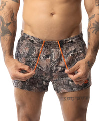 Core swim trunk timber camouflage patterned swim trunks with bright orange drawstrings for casual beachwear