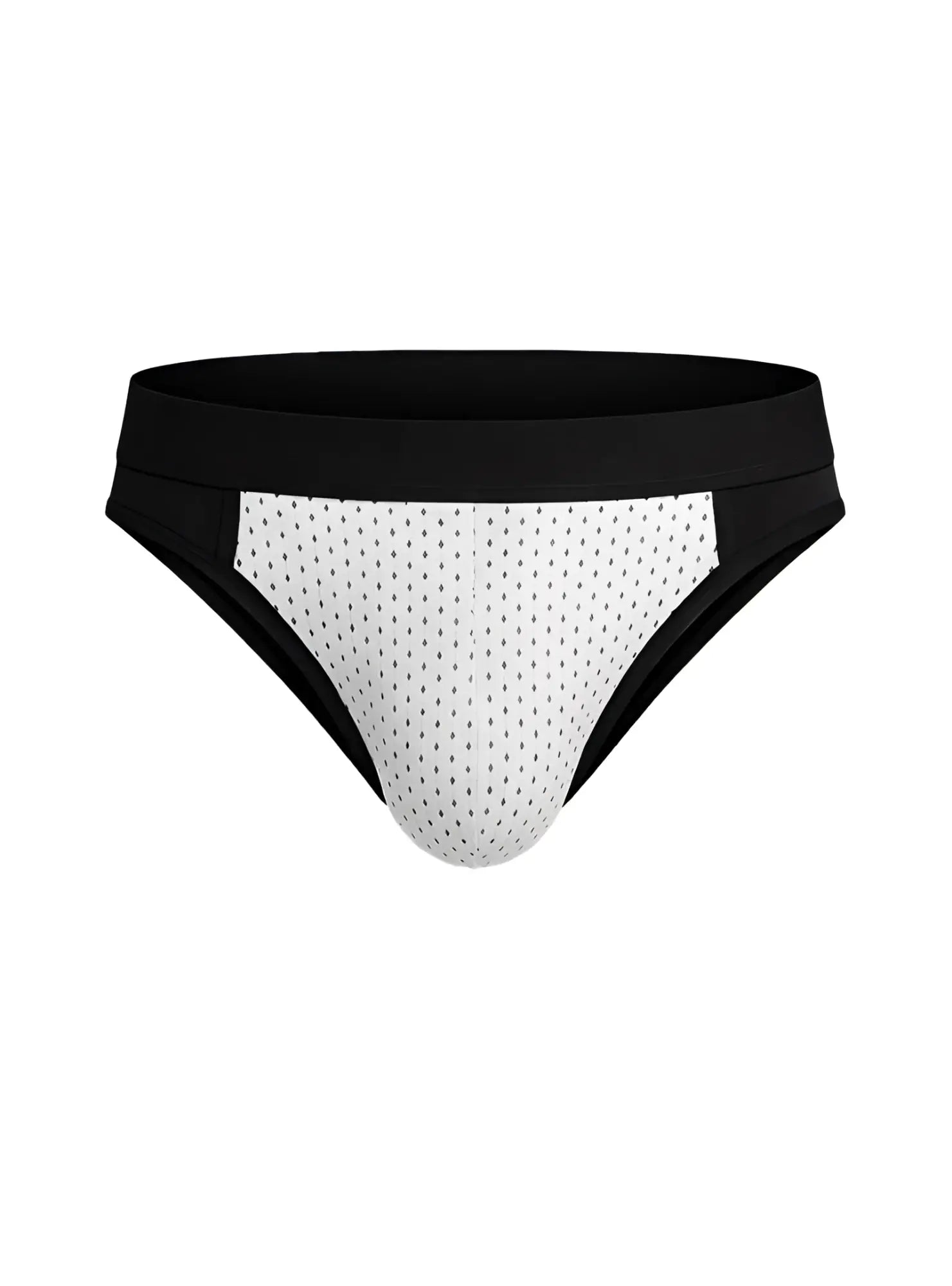 Black and white mesh cotton stretch bikini briefs with a solid black waistband for comfortable wear