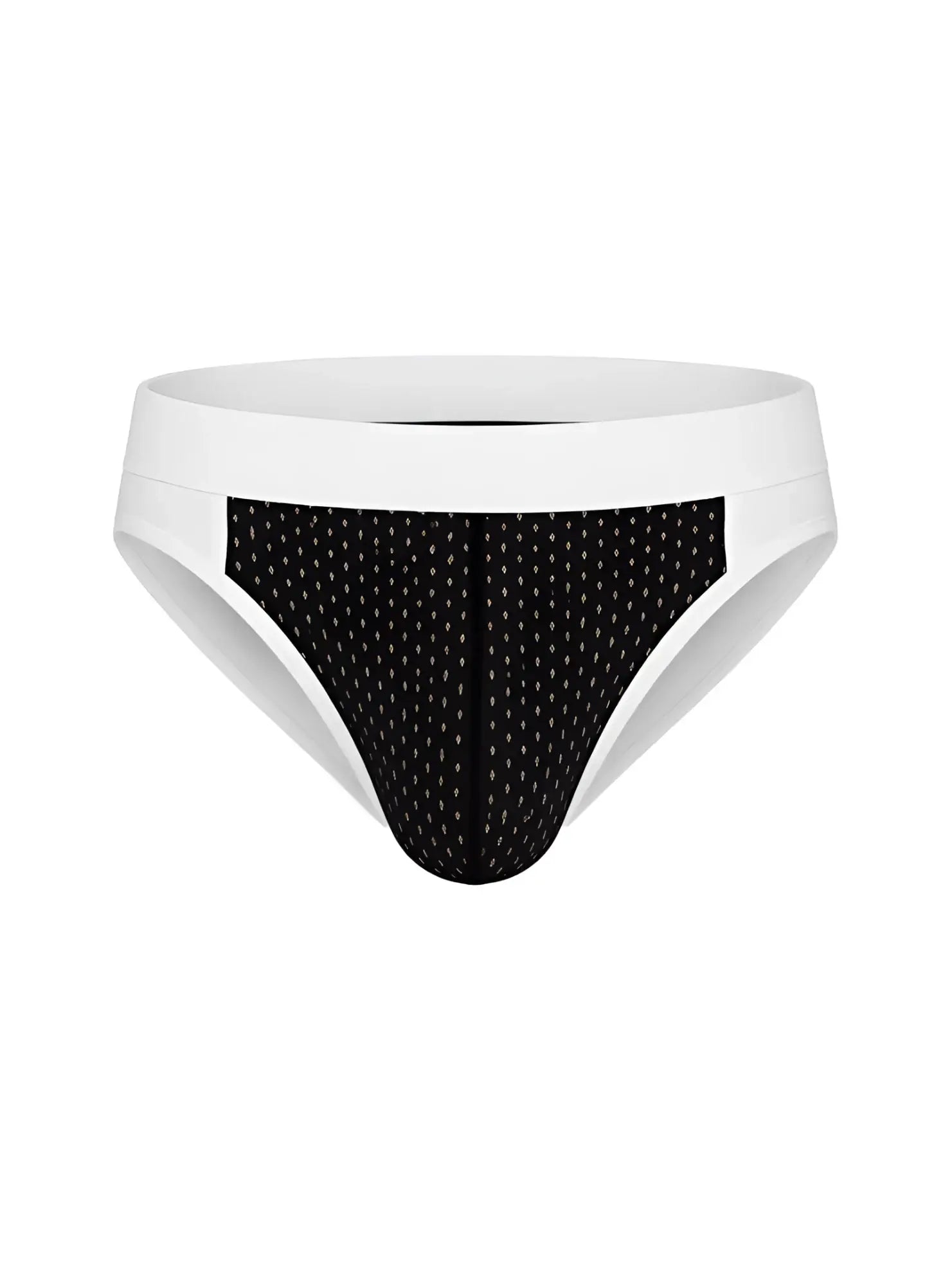 Black and white patterned cotton stretch bikini briefs with solid white waistband front view