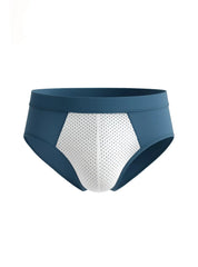 Cotton stretch brief in blue and white with perforated mesh panel for breathable athletic support