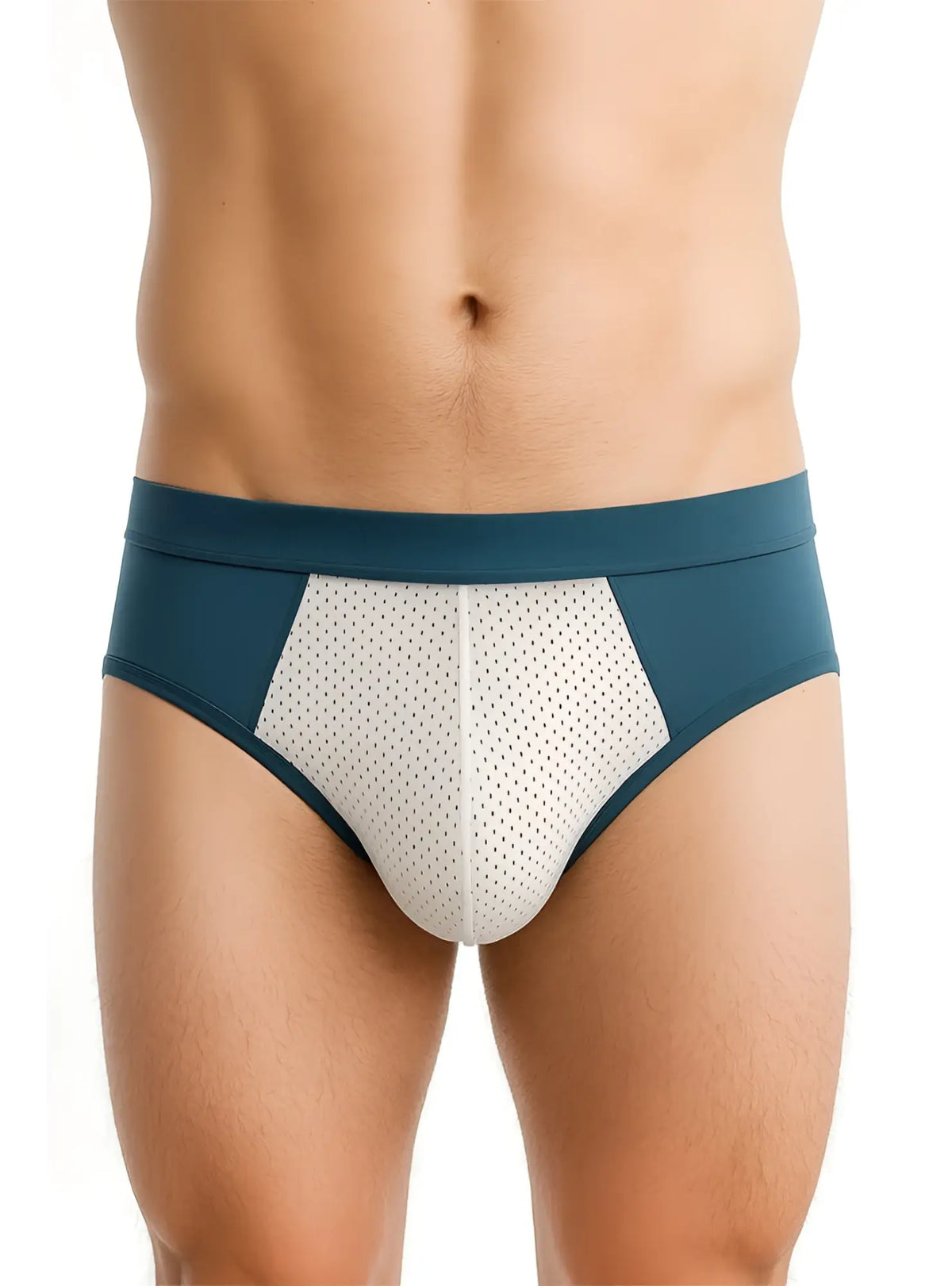 Teal and white cotton stretch briefs with breathable mesh and a sleek athletic design for active wear