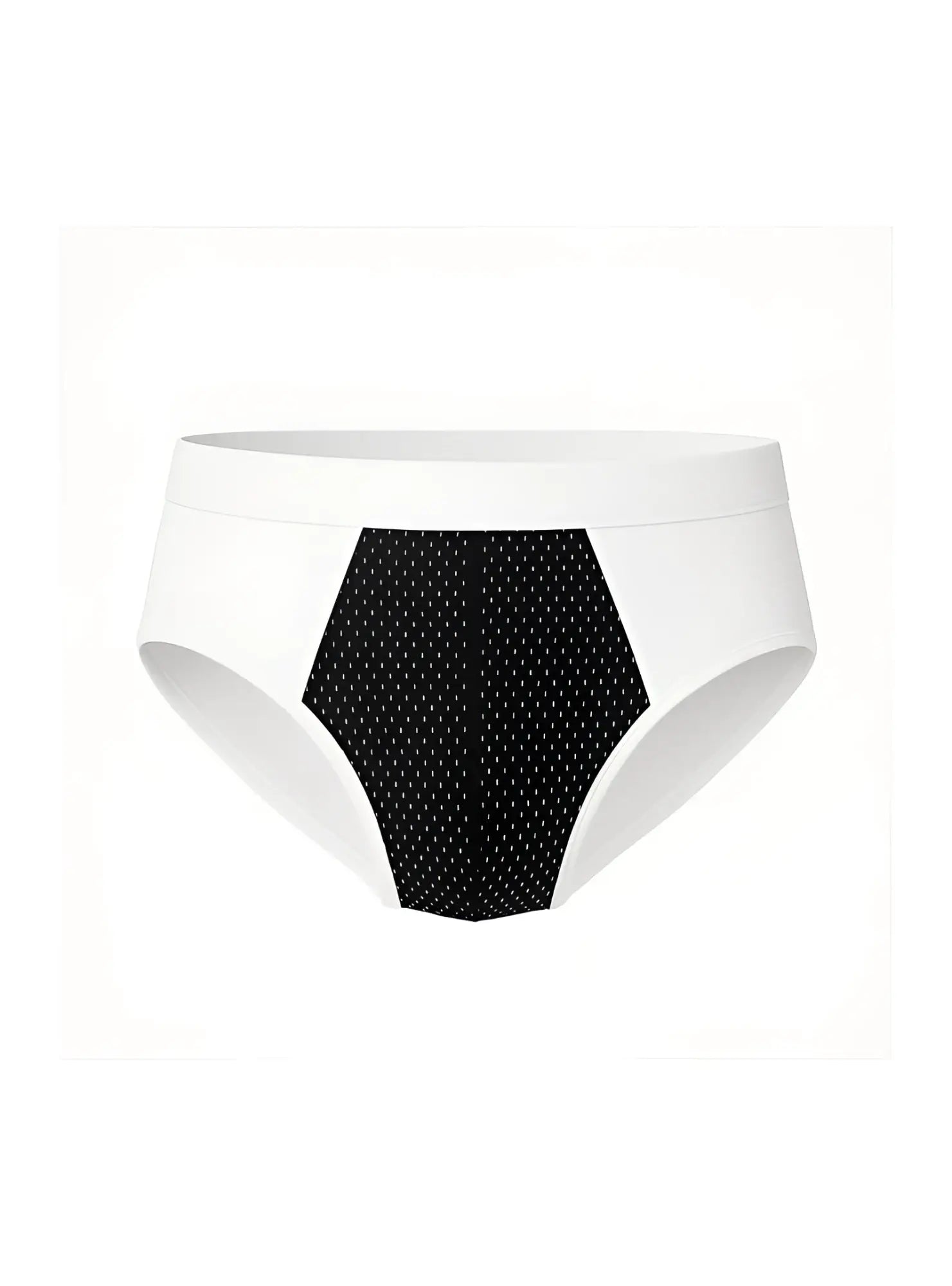 White cotton stretch briefs with a black hexagonal panel featuring small white dots on the back side