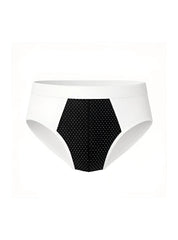 White cotton stretch briefs with a black hexagonal panel featuring small white dots on the back side