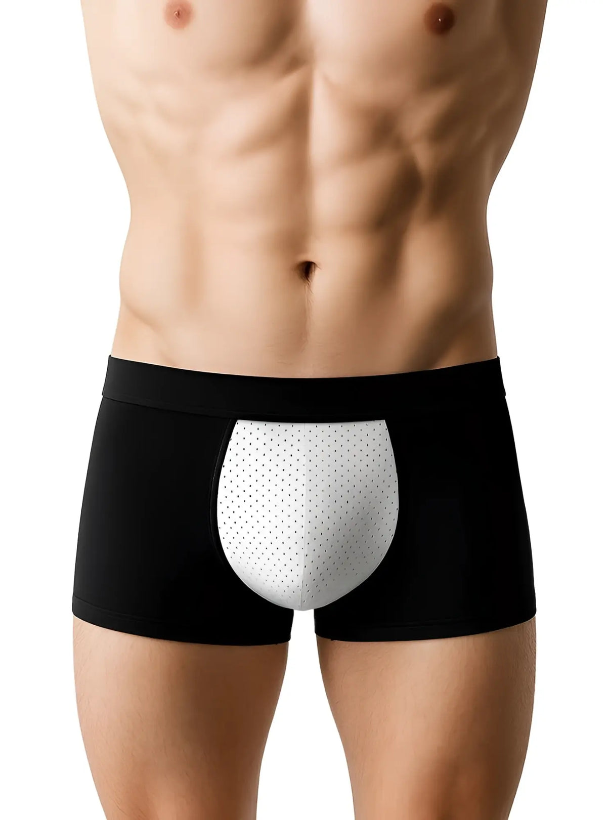 Black cotton stretch trunk boxer briefs with white perforated front panel for comfortable support and breathability