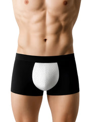 Black cotton stretch trunk boxer briefs with white perforated front panel for comfortable support and breathability