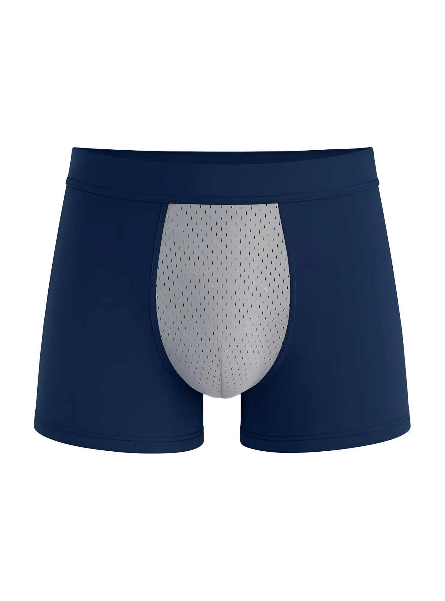 Navy blue cotton stretch trunk boxer briefs with a gray mesh front panel for comfortable everyday wear