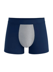 Navy blue cotton stretch trunk boxer briefs with a gray mesh front panel for comfortable everyday wear