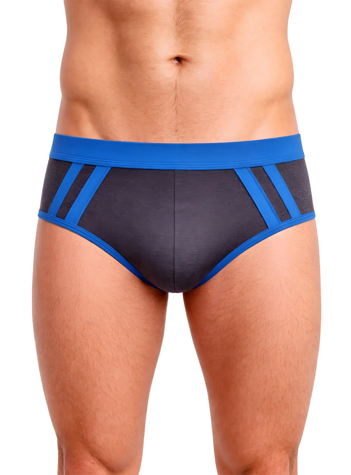 CottonFlex blue and gray athletic briefs with bold blue diagonal stripes made from soft cotton blend fabric