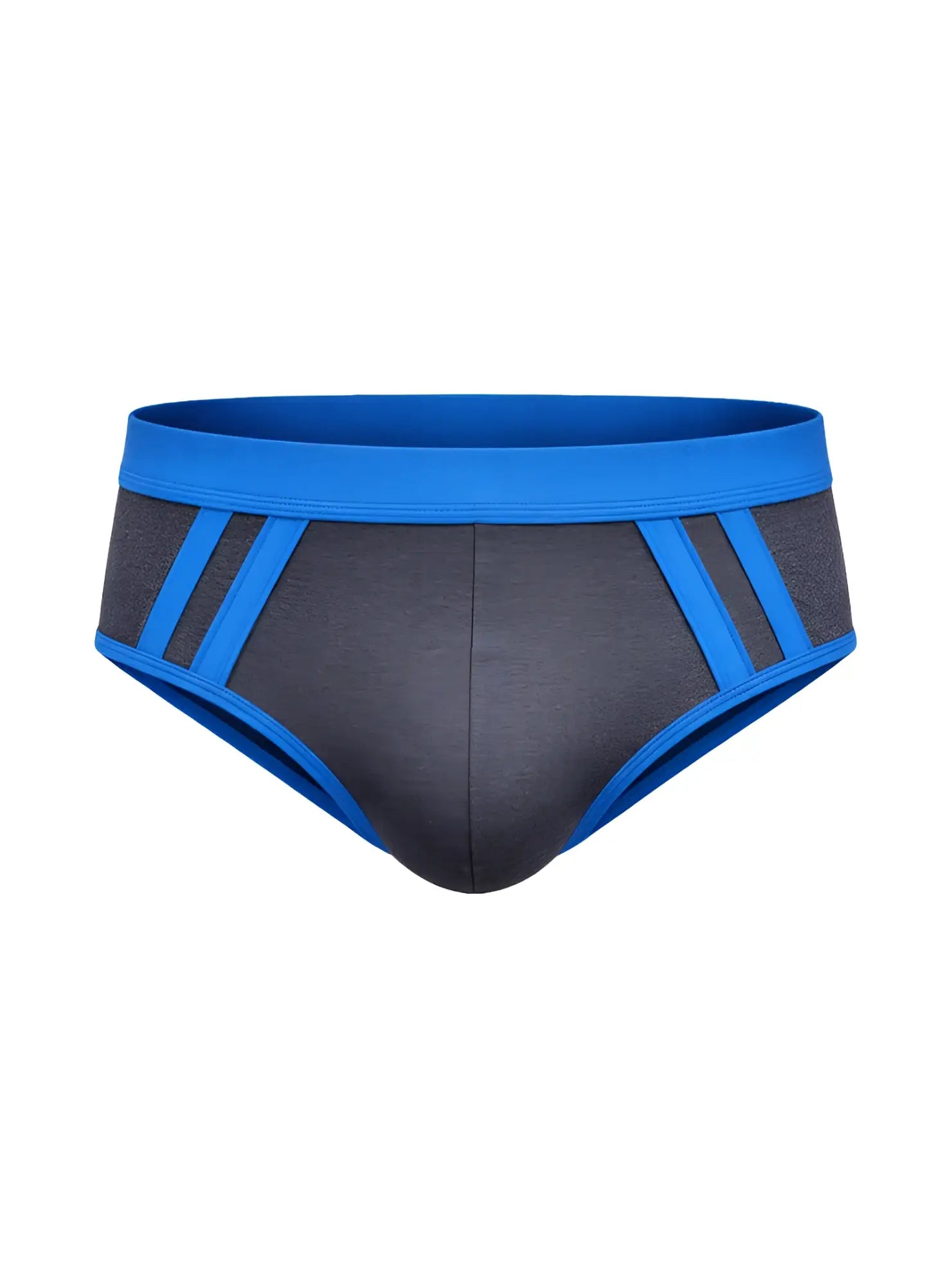 Cottonflex brief in blue and gray athletic fabric with bold blue waistband and side stripes for active wear