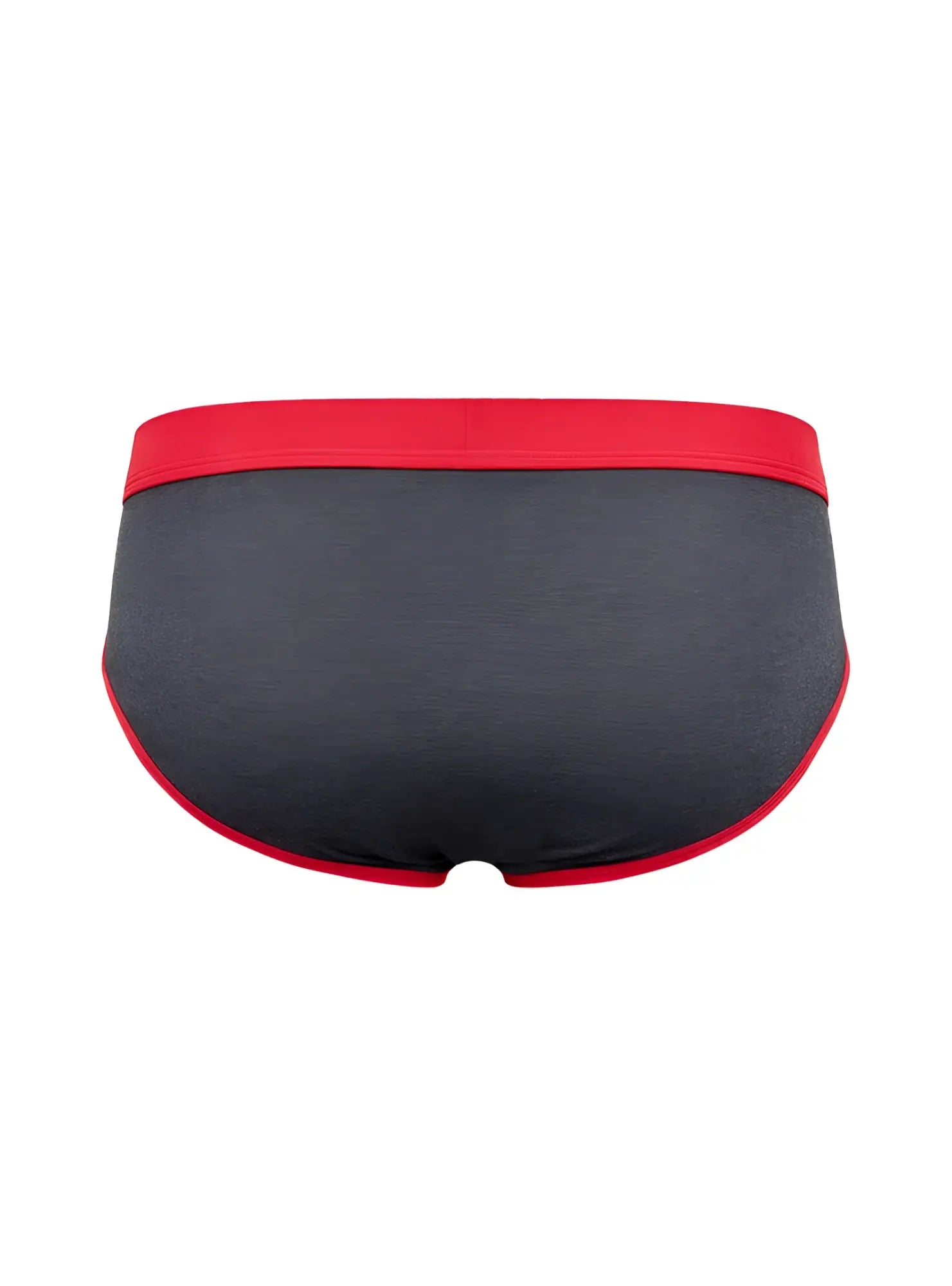 Gray cottonflex briefs with red waistband and matching red trim along leg openings in a soft cotton blend