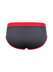 Gray cottonflex briefs with red waistband and matching red trim along leg openings in a soft cotton blend