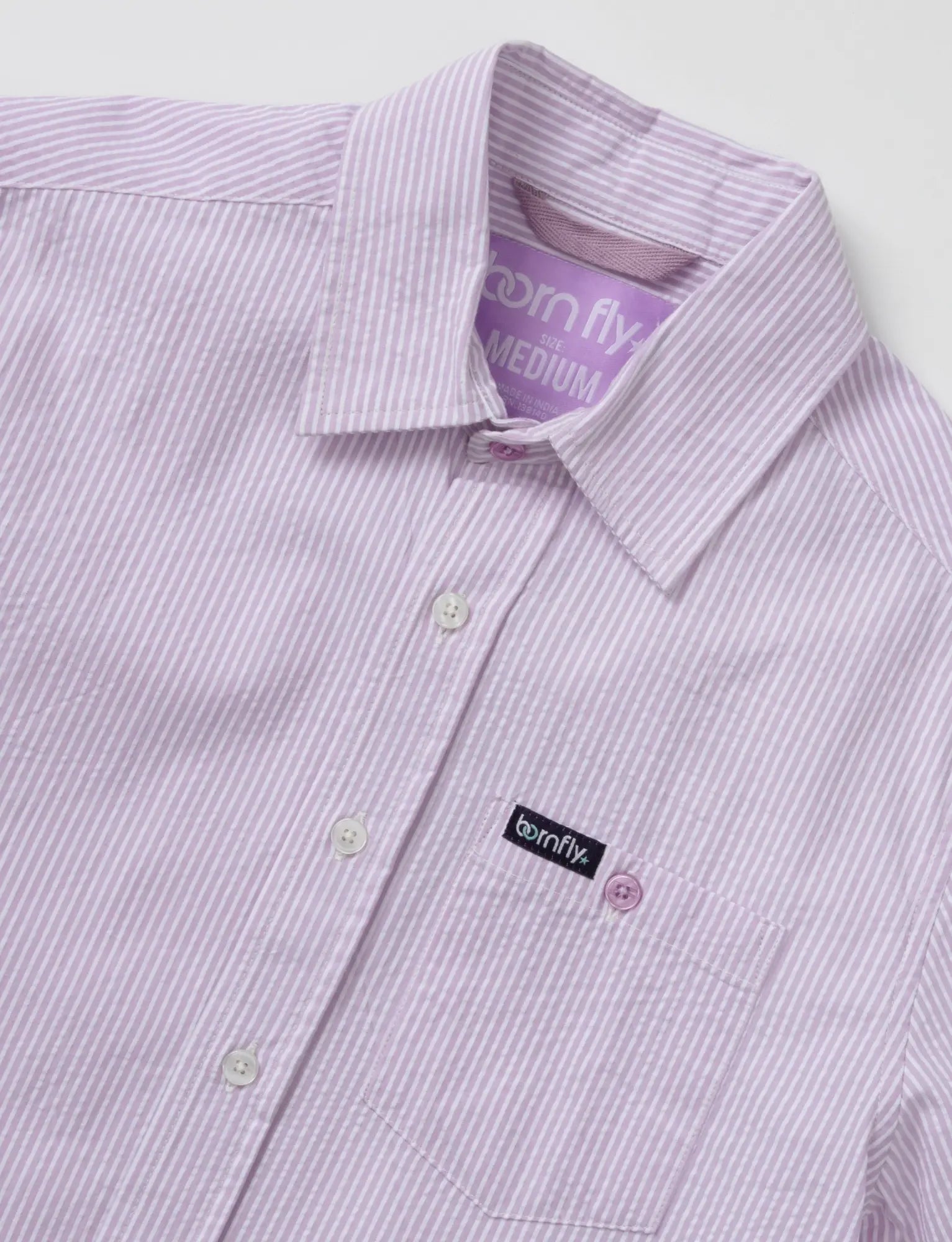 Country club fly seersucker shirt in lavender and white stripes with subtle texture and born fly brand label